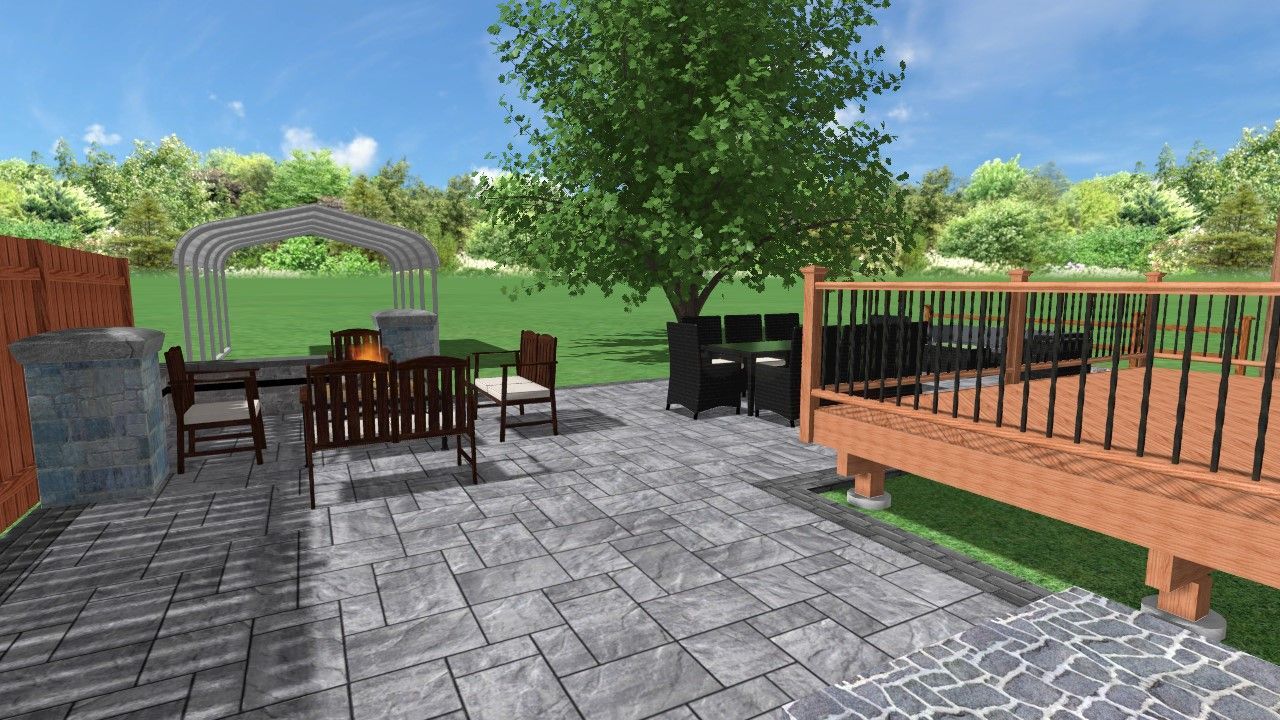 Backyard patio with gray pavers, outdoor dining set, pergola, and wooden deck under green trees