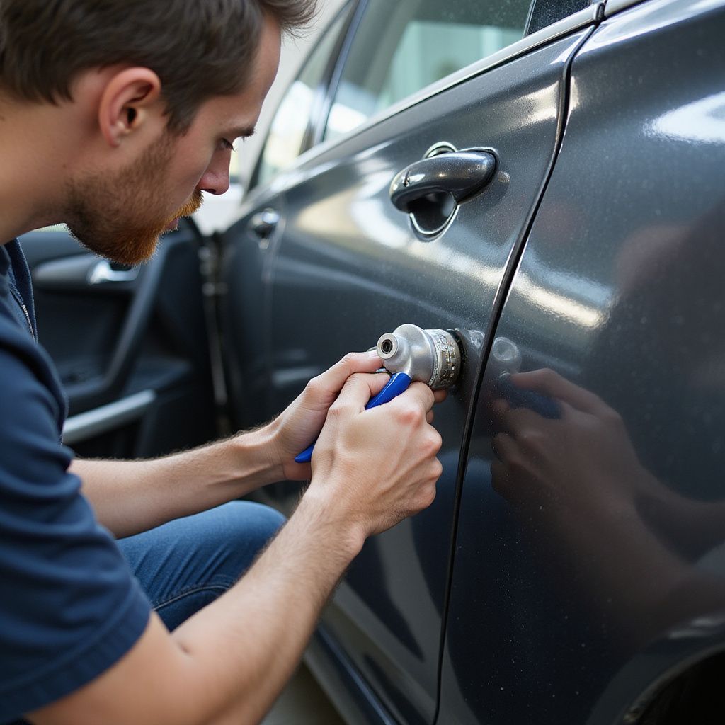 Man using a tool to manipulate a car door lock, outdoors.