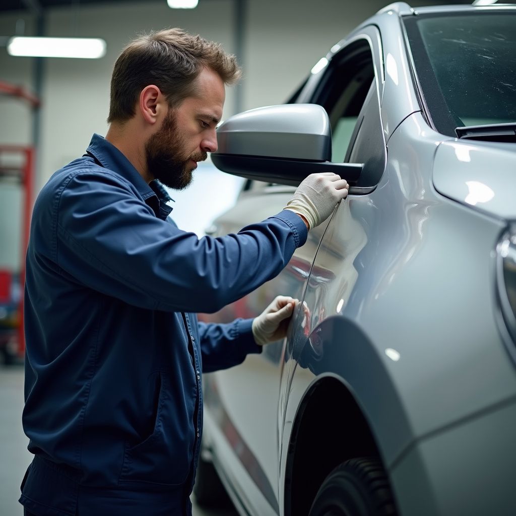 Mechanic in blue uniform inspects a silver car's side mirror and body in a garage.