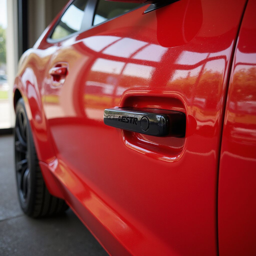 Red sports car door with a black handle that says