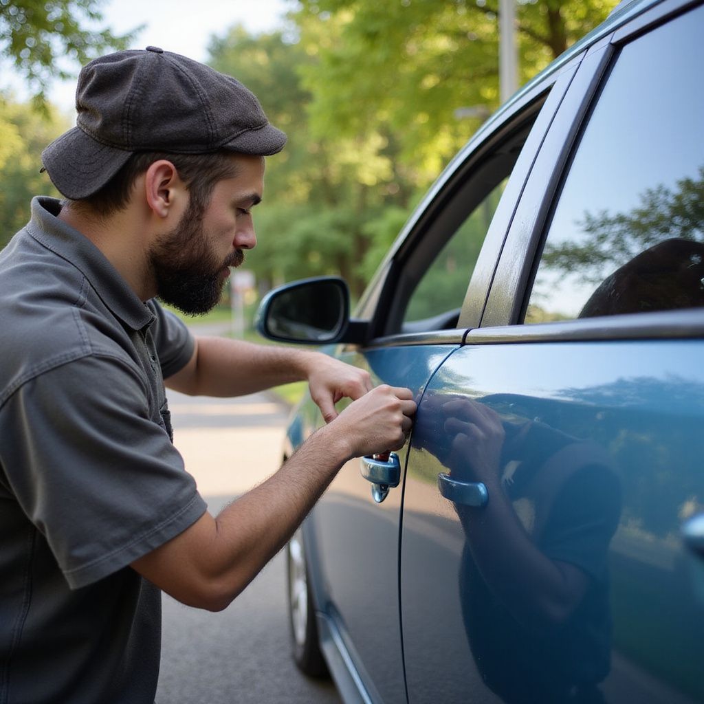 Man in cap trying to unlock a blue car door with a tool.