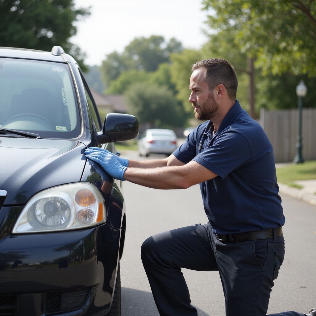 Man in blue shirt and gloves kneels, touching a black car on a sunny street.