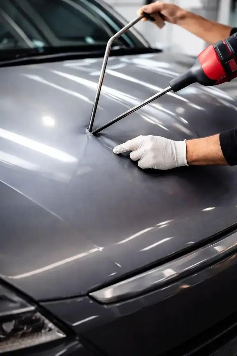 Technician using specialized tools to repair an aluminum vehicle hood