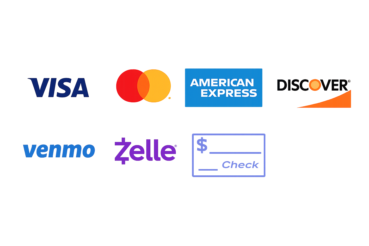 Payment methods accepted: Visa, Mastercard, American Express, Discover, Venmo, Zelle, and Check.