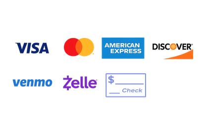 Accepted payment methods: Visa, Mastercard, American Express, Discover, Venmo, Zelle, and Check.