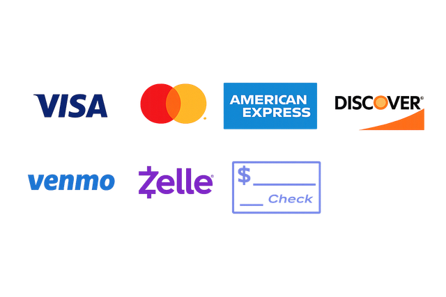 Visa, Mastercard, American Express, Discover, Venmo, Zelle and Check