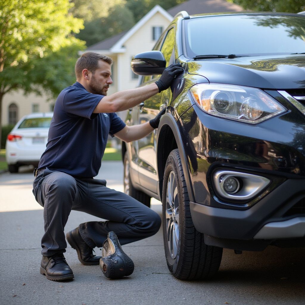 Man in work clothes inspecting a black SUV tire; outdoors on a residential street.