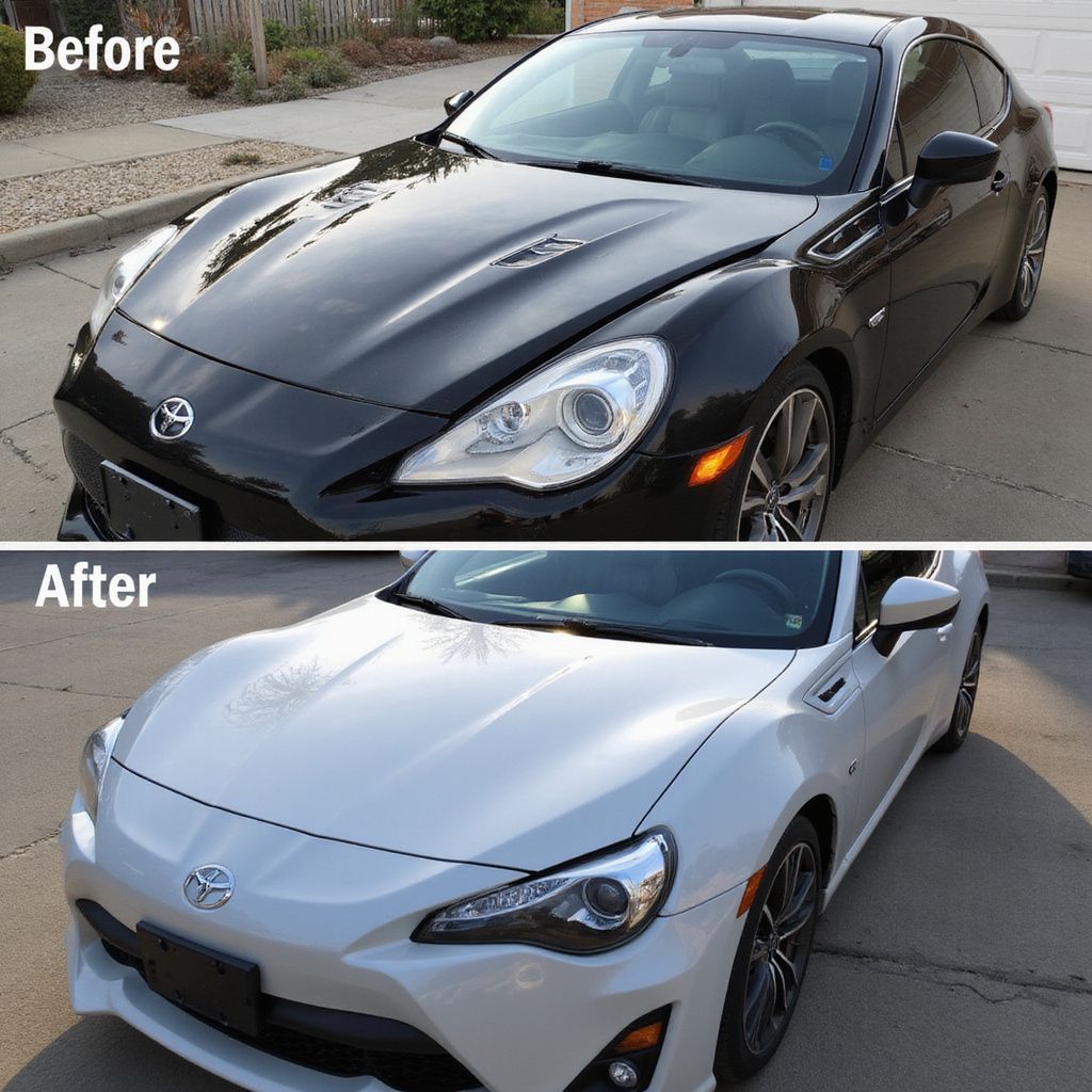 Comparison: Black Toyota 86 transforms to white, showcasing a car paint color change.