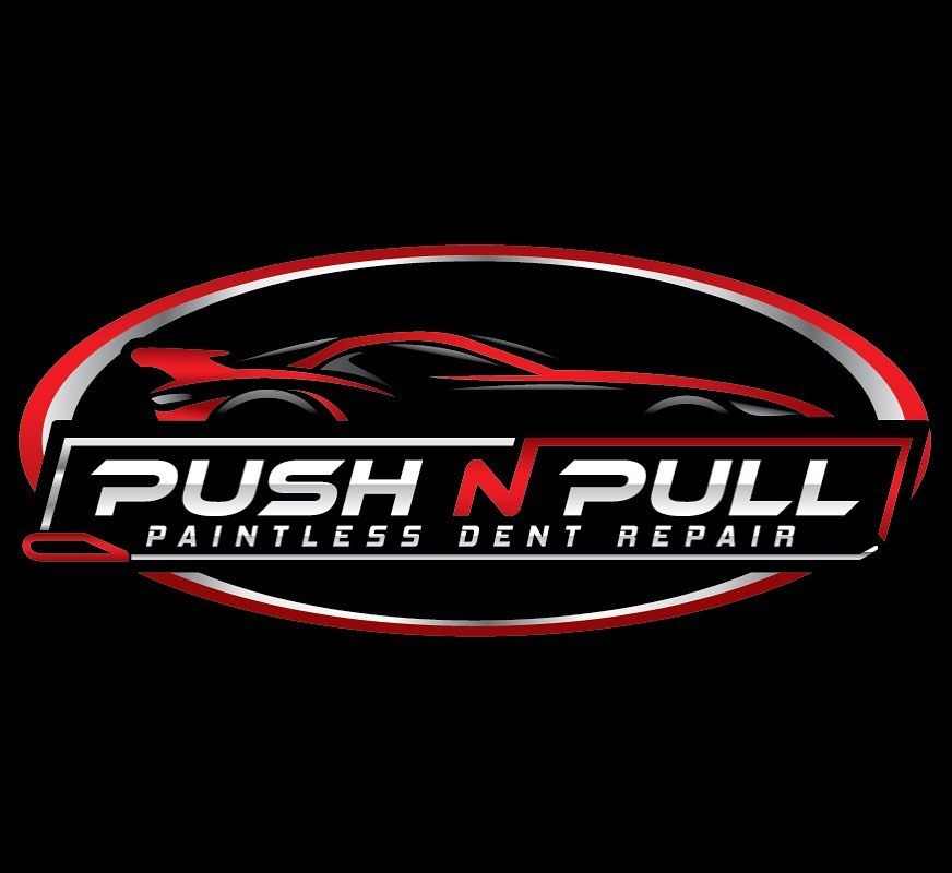 Logo for Push N Pull Paintless Dent Repair: car silhouette inside a red and silver oval with the company name.