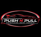 Logo for Push N Pull Paintless Dent Repair: black, red, and silver. Features a car silhouette and company name.