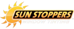 Logo for Sun Stoppers Window Tinting: Yellow sun graphic with text in a gold and black rectangle. 