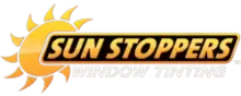 Logo for Sun Stoppers Window Tinting: Yellow sun graphic with text in a gold and black rectangle. 
