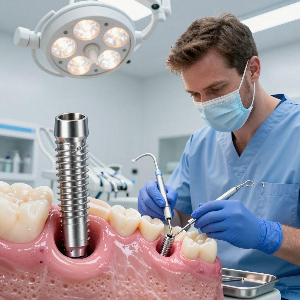 Un dentista in camice e guanti esegue un intervento di impianto dentale su un modello di mandibola umana in una clinica.