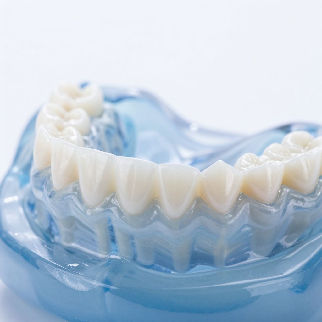 Un modello dentale che mostra una fila di denti protesici bianchi incastonati in una base di plastica blu traslucida.