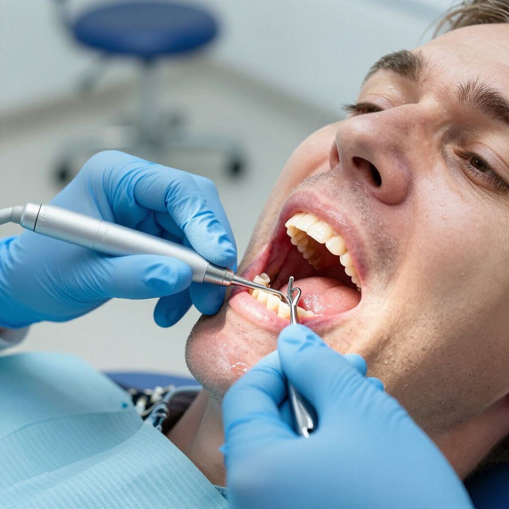 Un dentista con indosso guanti medici blu utilizza un manipolo e uno specchietto dentale per eseguire una visita di controllo di routine su un paziente.