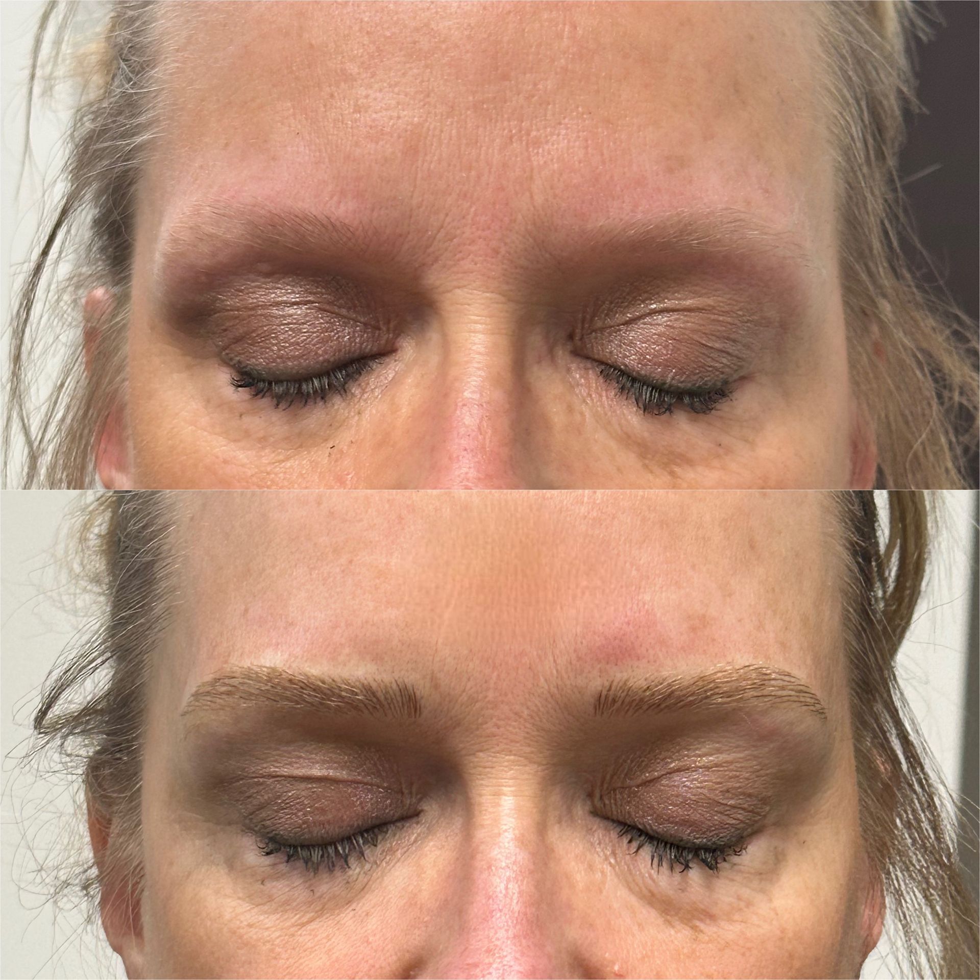Two close-up eye areas, one above the other, showing closed eyelids with makeup before and after a treatment