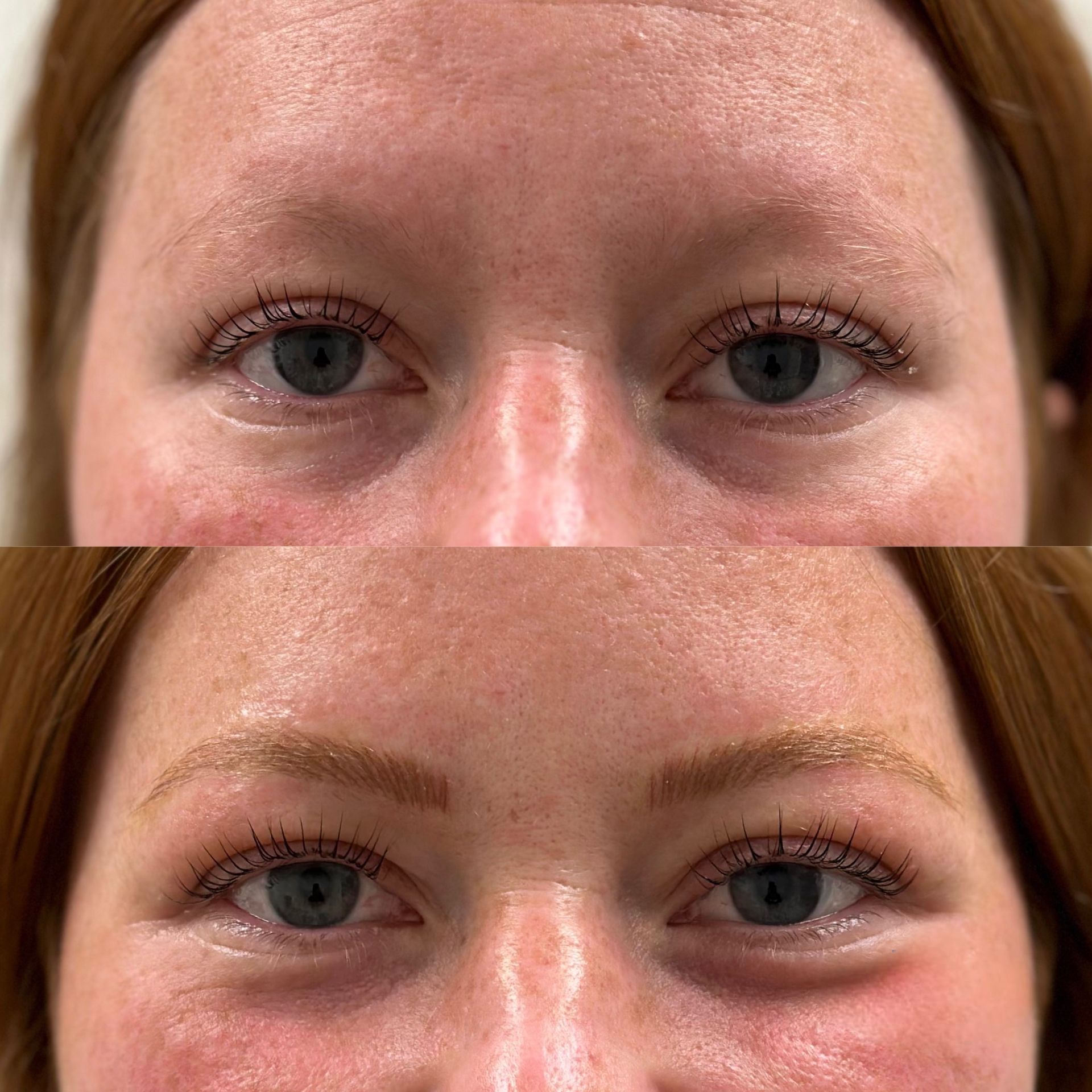 Two close-up face photos stacked vertically, showing a natural brow-to-eye makeup comparison