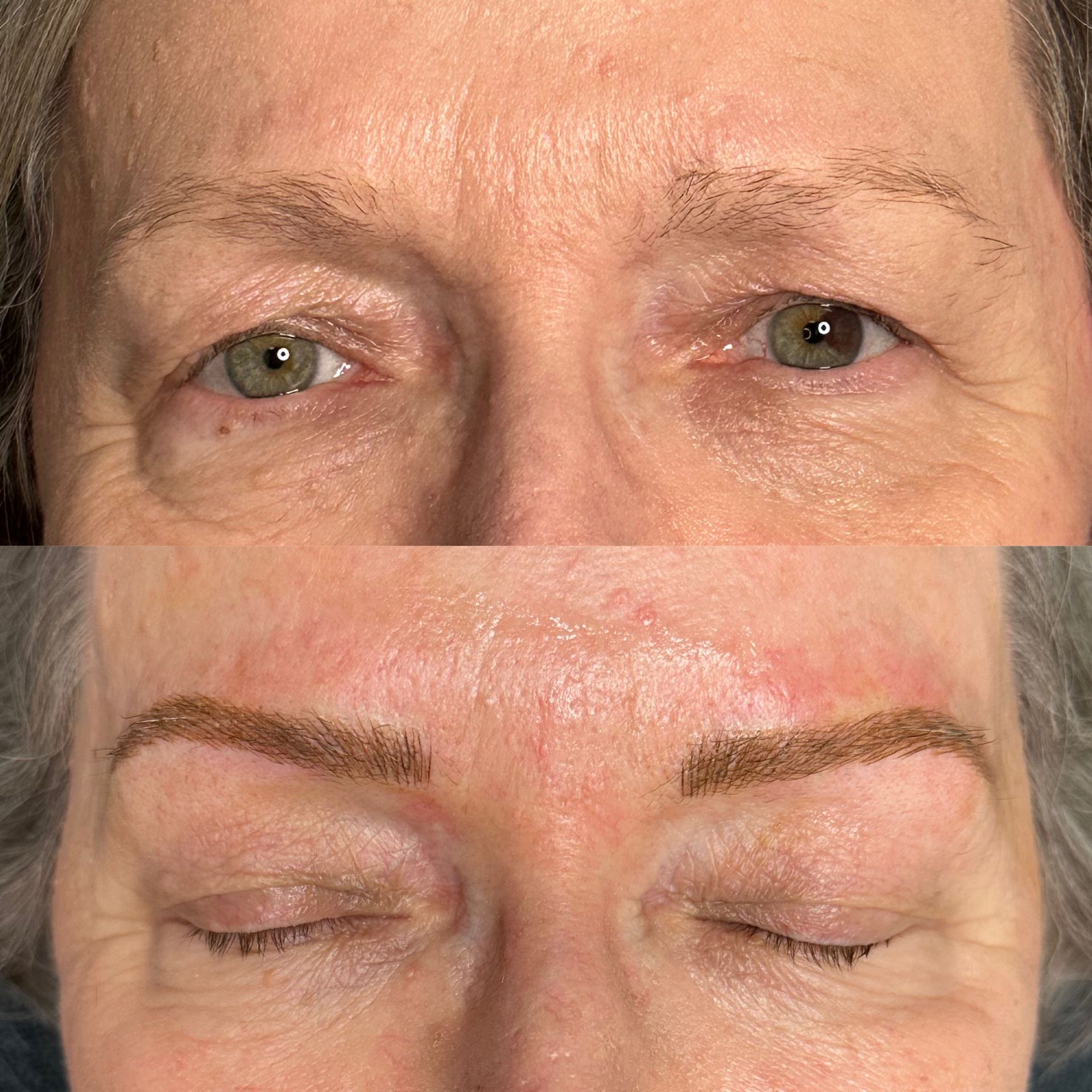 Close-up of two eye areas: one with natural brows, one with dark eyebrow makeup and closed eyes