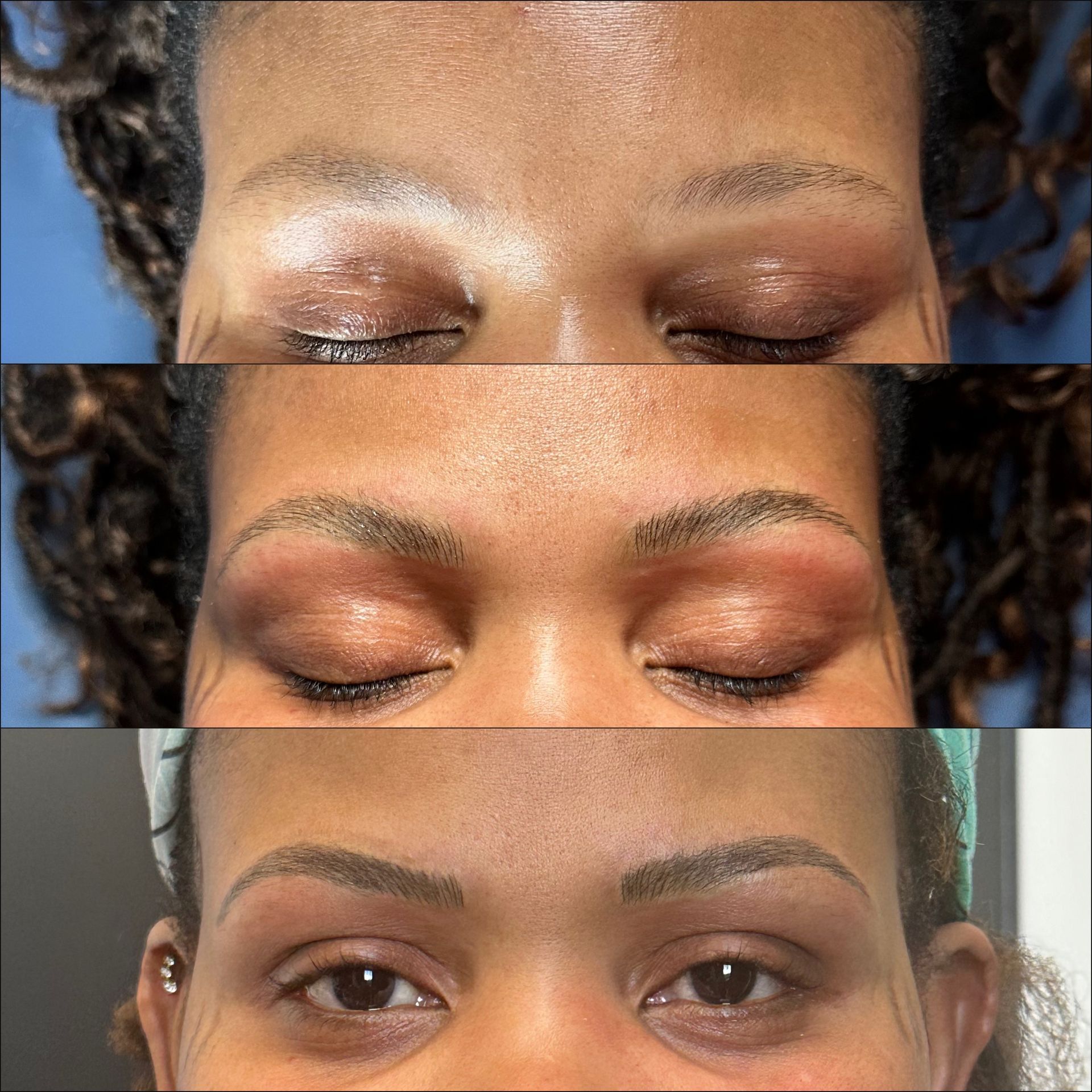 Three close-up eye makeup looks, showing eyeshadow and brows before and after application