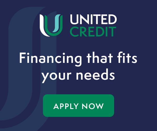 United Credit ad with “Financing that fits your needs” and a green “Apply Now” button on a dark blue background