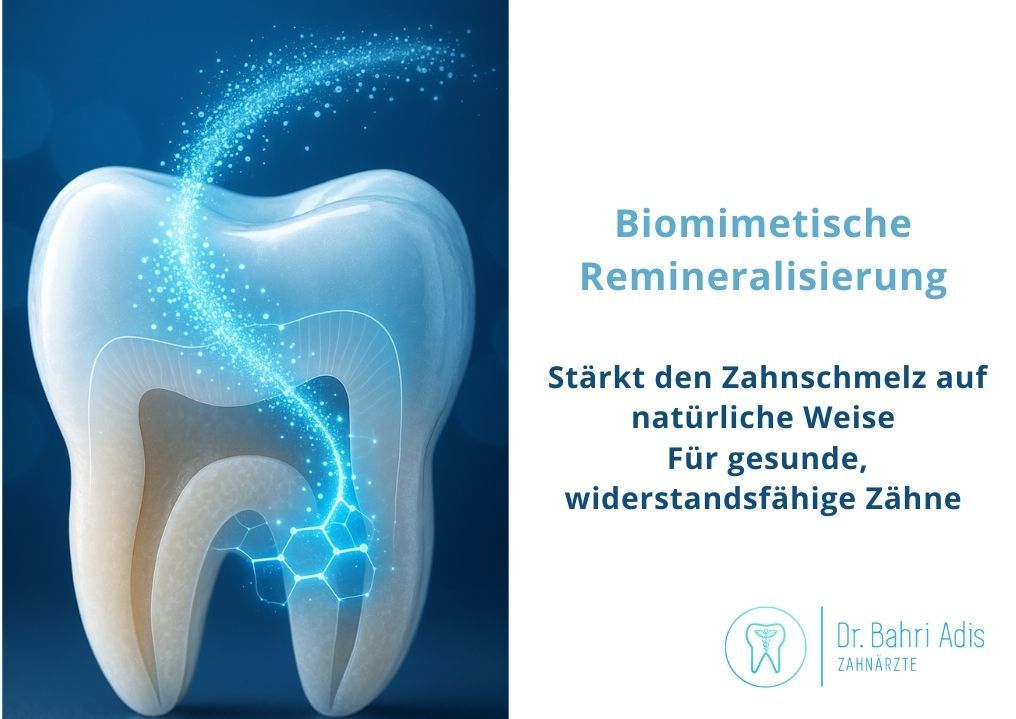 Ein Zahn mit blauem Licht, das die biomimetische Remineralisierung für gesunde Zähne fördert.