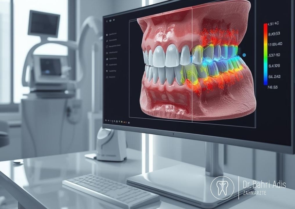 Computerbildschirm mit 3D-Zahnmodell und farbkodierter Spannungsanalyse. Zahnarztpraxis-Setting.