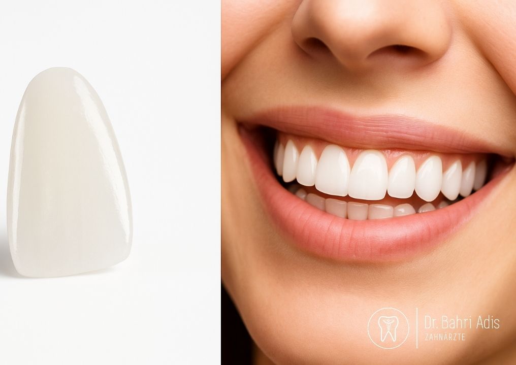 Weißes Veneer neben einer lächelnden Frau mit perfekt ausgerichteten, strahlend weißen Zähnen.