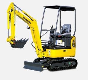 Miniescavatore Komatsu giallo con cingoli e lama neri.