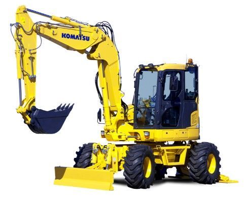 Escavatore Komatsu giallo con benna sollevata su sfondo bianco.
