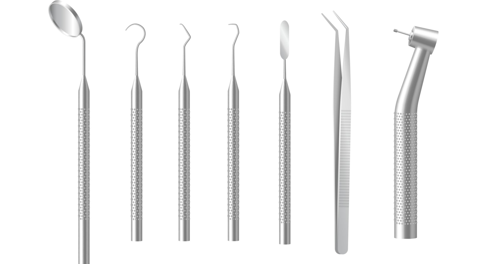 Instruments dentaires : miroir, sondes, spatule, pince à épiler et fraise, tous des instruments métalliques.