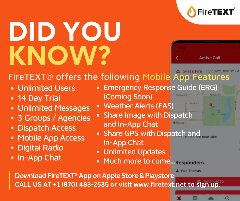 An advertisement for fire text offers the following mobile app features