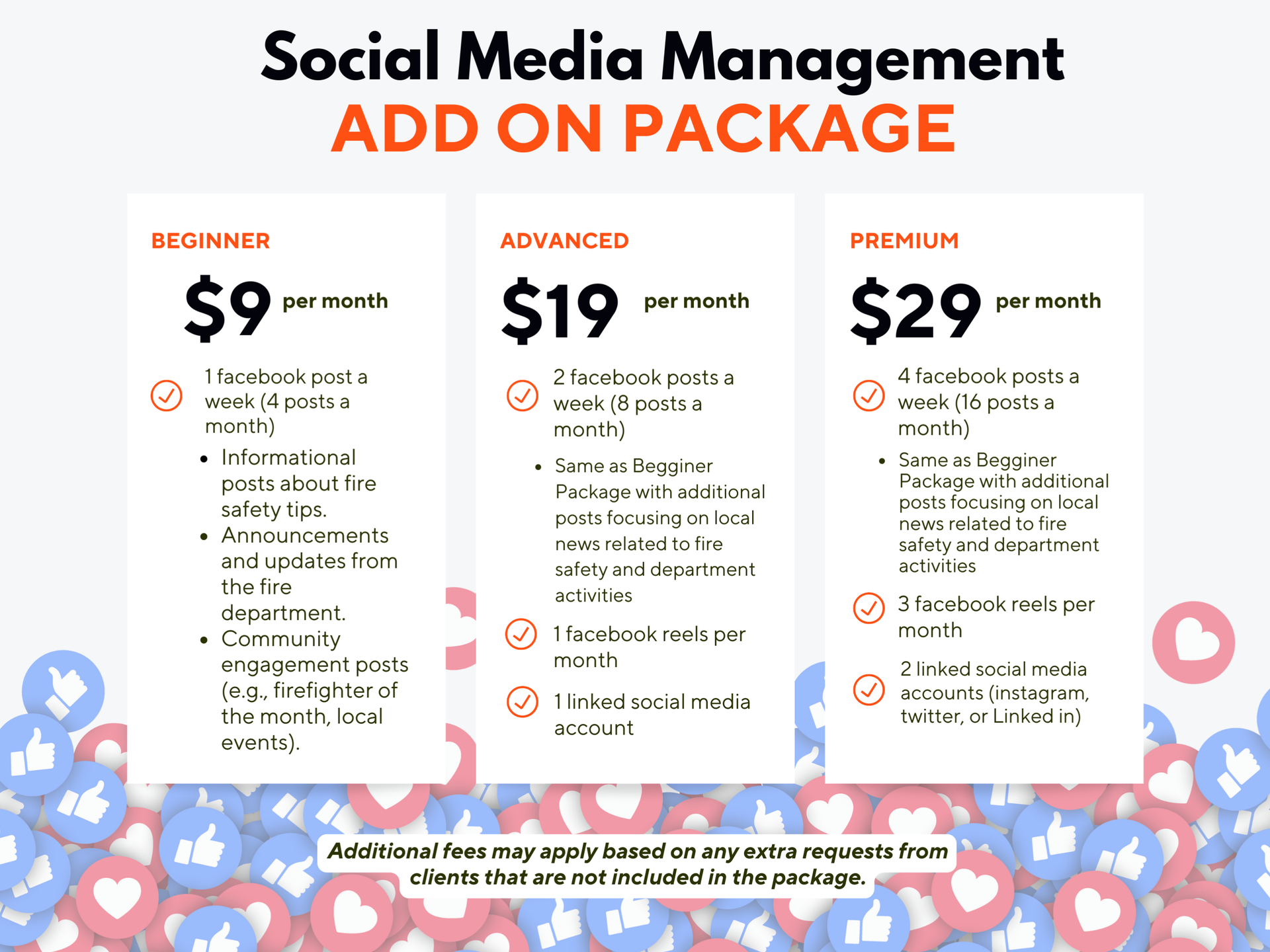 A social media management add on package for $ 9 , $ 19 , and $ 29