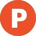 The letter p is in a red circle on a white background.