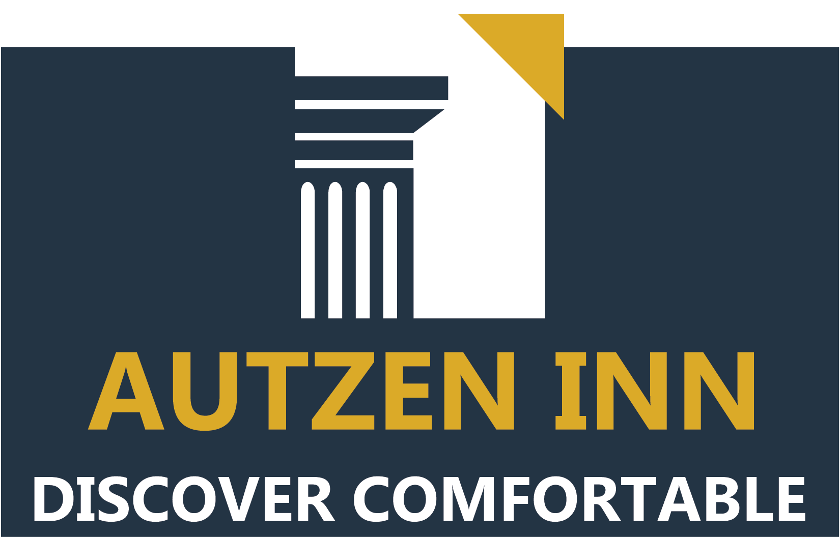 The logo for autzen inn is blue and yellow and says `` discover comfortable ''.