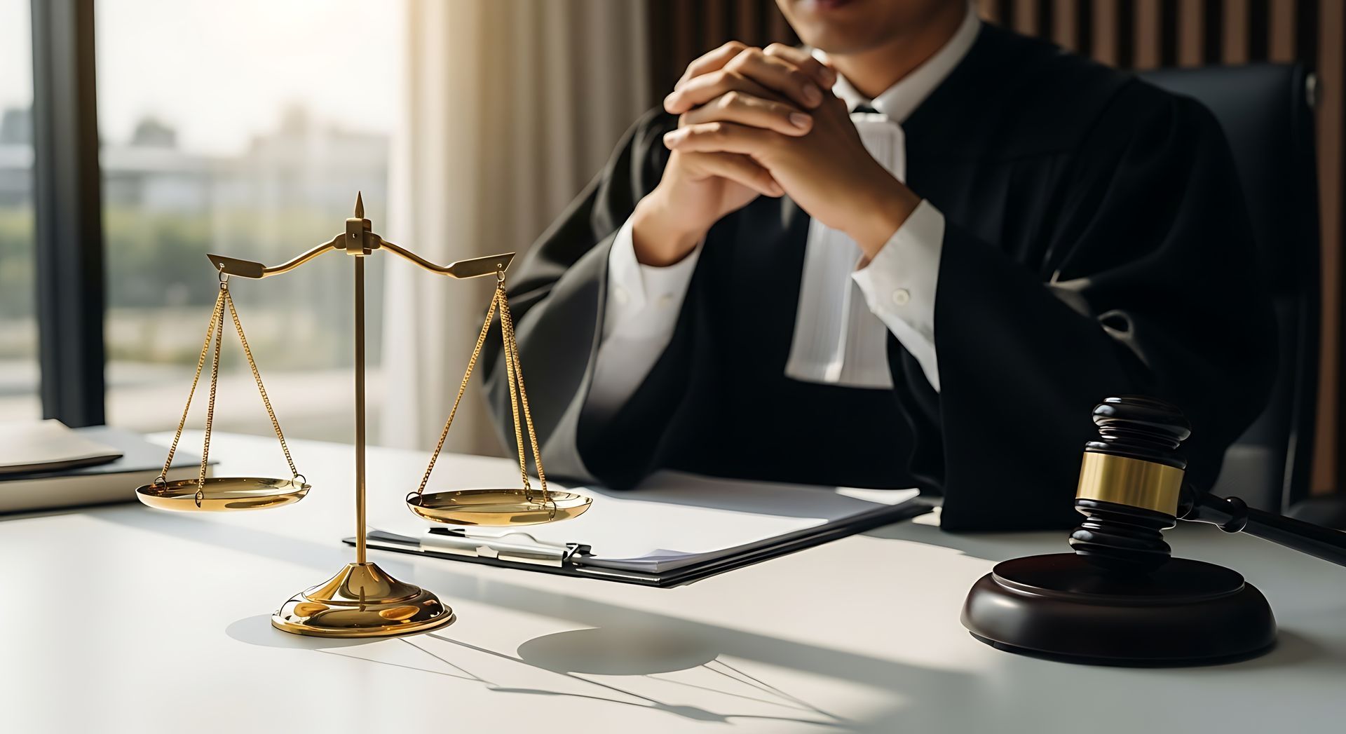 Criminal attorney in a black robe with clasped hands beside golden justice scales and wooden gavel.