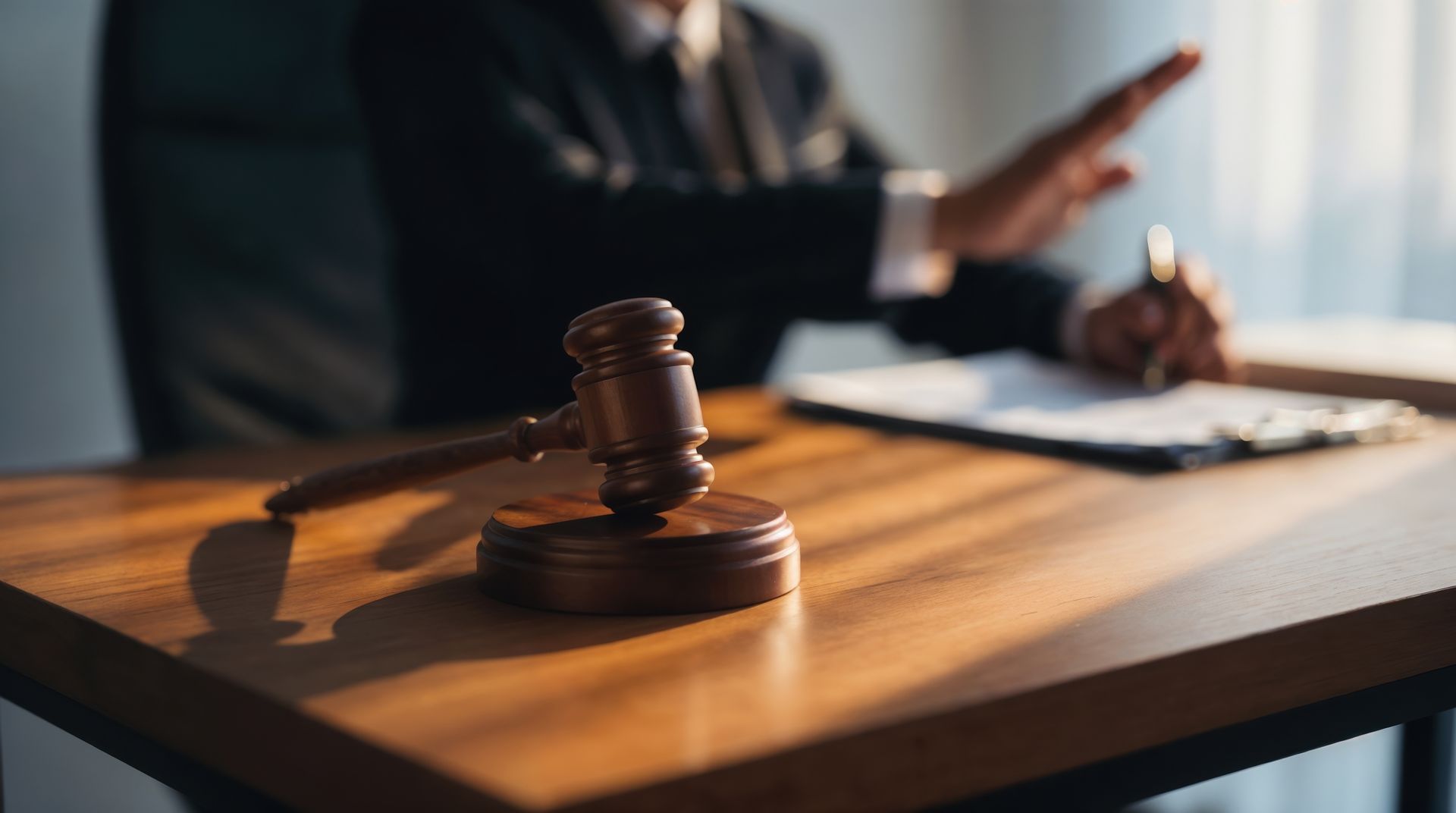 Criminal attorney reviewing case notes at a desk beside a wooden gavel.