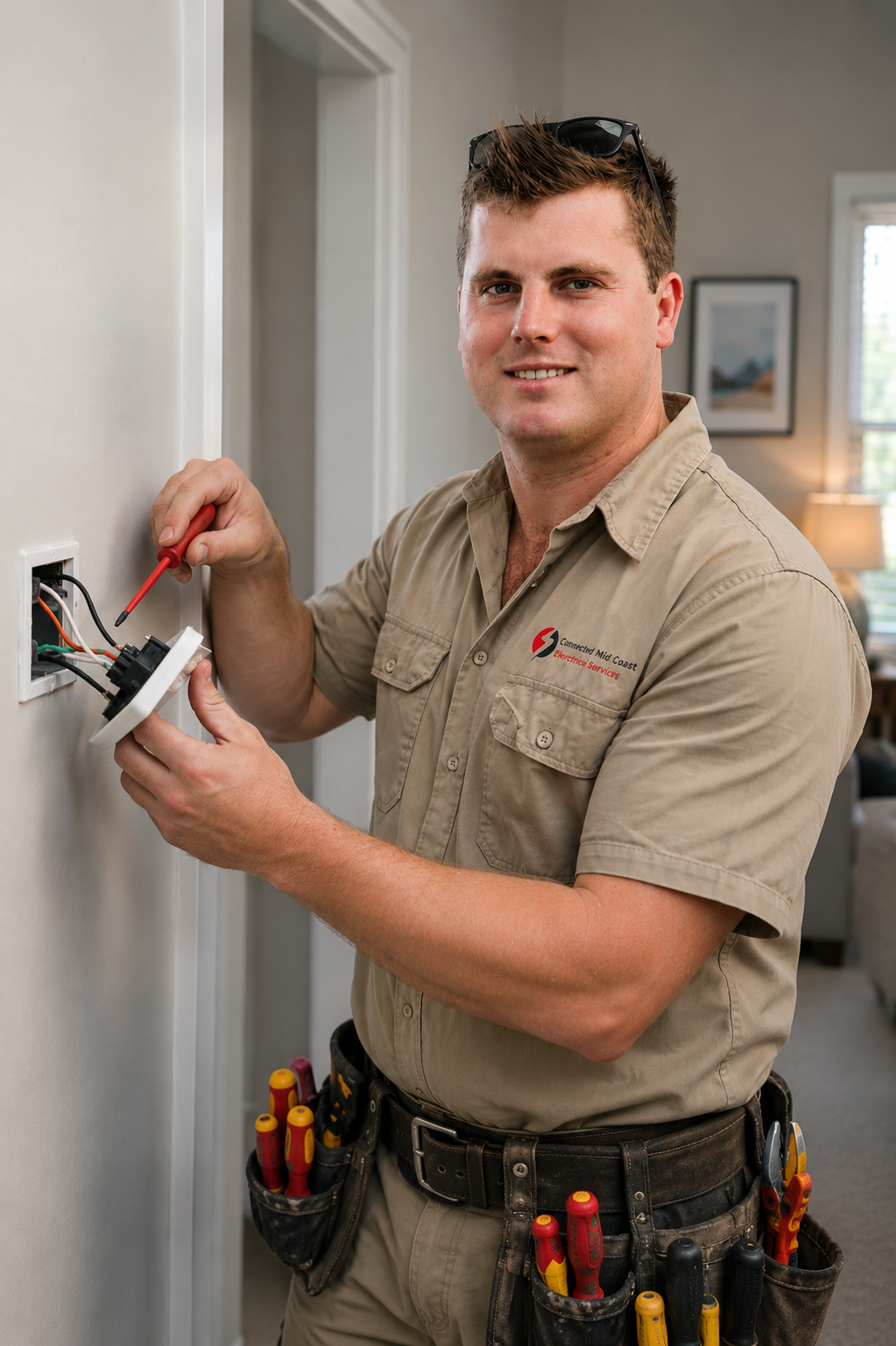 Electrician wiring a wall outlet in a home interior, holding red and black wires. — Connect Mid Coast Electrical Services In Taree, NSW