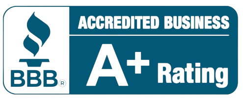 BBB Accredited Business logo with a blue background and white text displaying an A+ rating.
