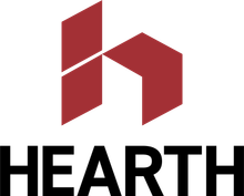 HEARTH logo with a red geometric icon above black text on a white background