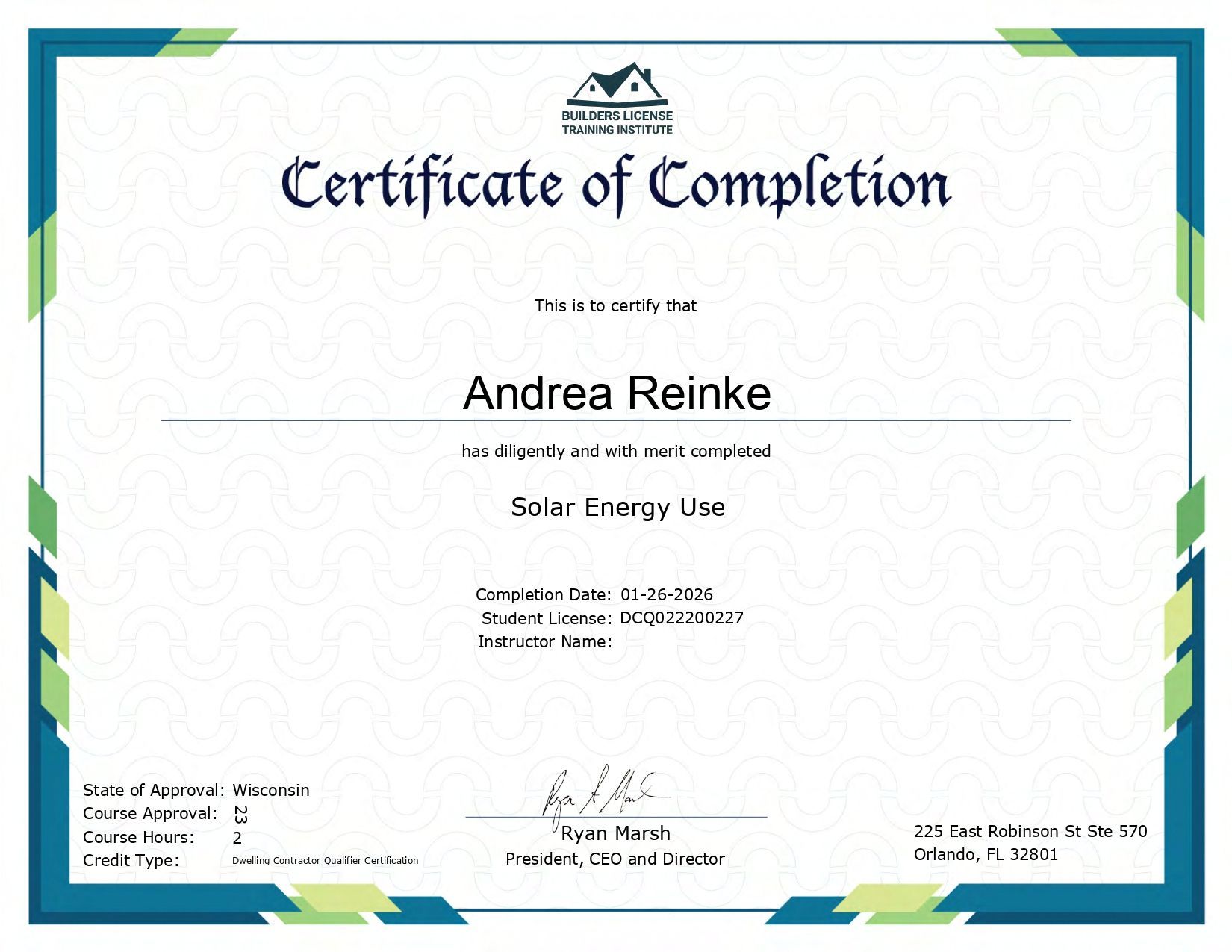Certificate of Completion awarded to Andrea Reinke for the course Solar Energy Use on 01/20/2024.