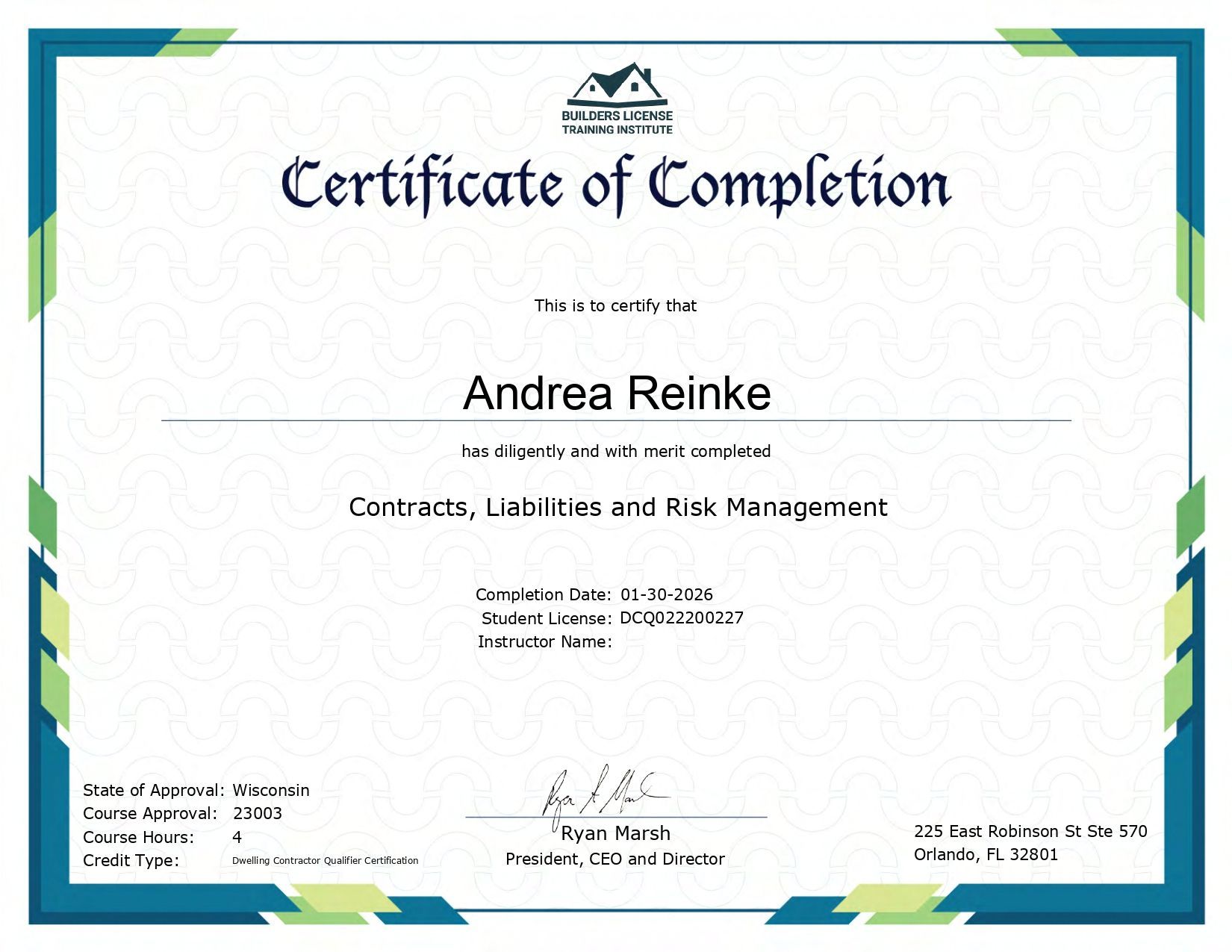 Certificate of Completion for Andrea Reinke for the course 