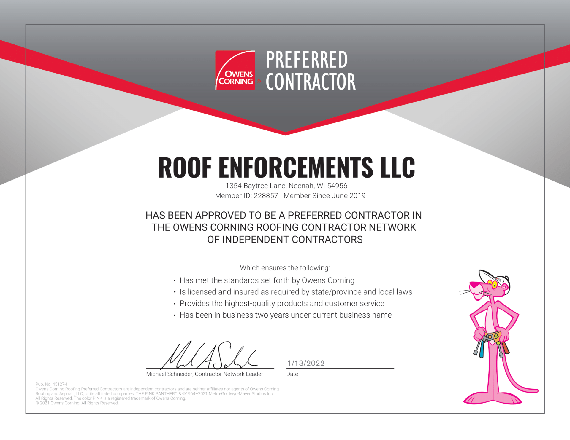 An Owens Corning Preferred Contractor certificate for Roof Enforcements LLC featuring the Pink Panther mascot.