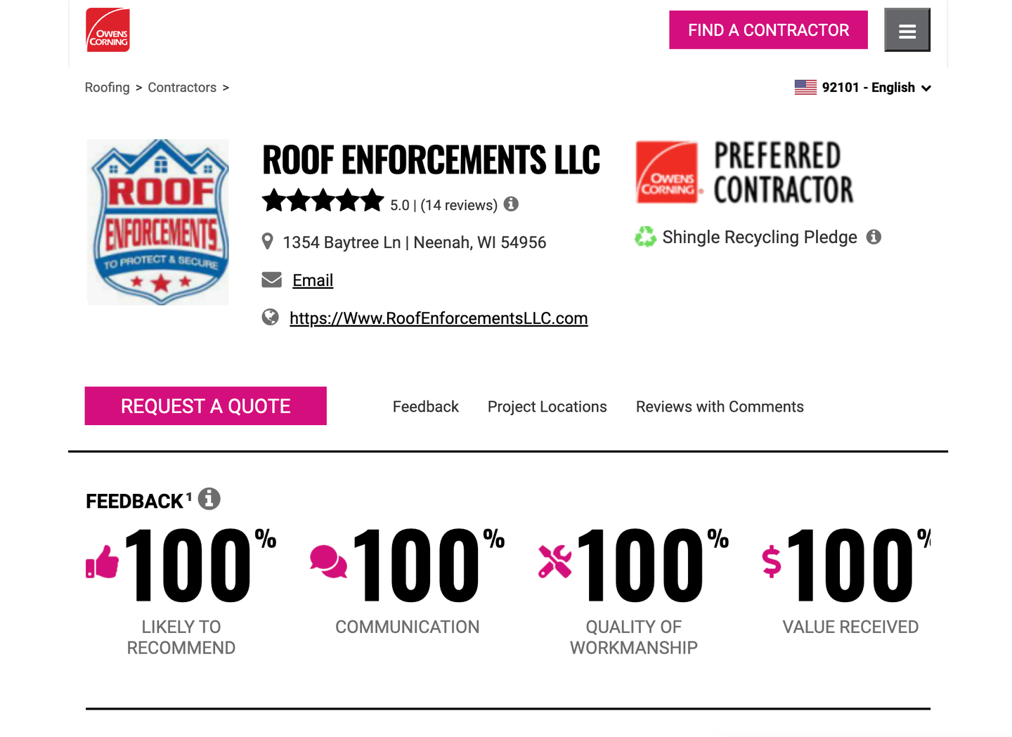 Roof Enforcements LLC business profile page featuring contact info, a five-star rating, and 100% feedback scores.