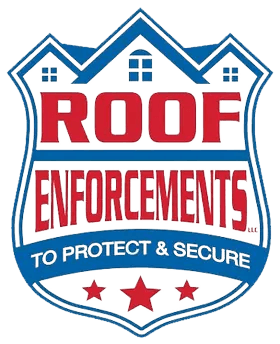 Logo for Roof Enforcements: red text on blue shield, house icons, "To Protect & Secure."