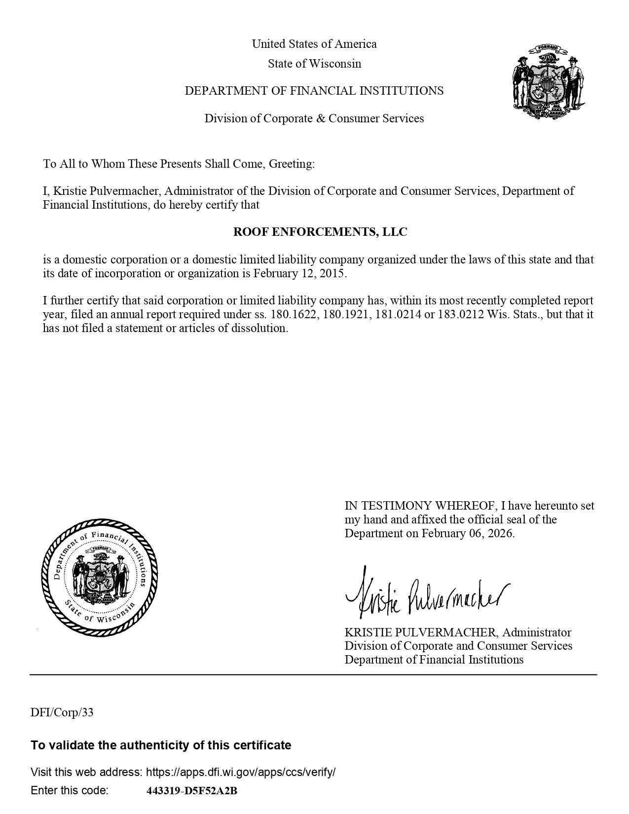 A formal certificate from the Pennsylvania Department of Banking and Securities regarding ROOF ENFORCEMENTS, LLC.