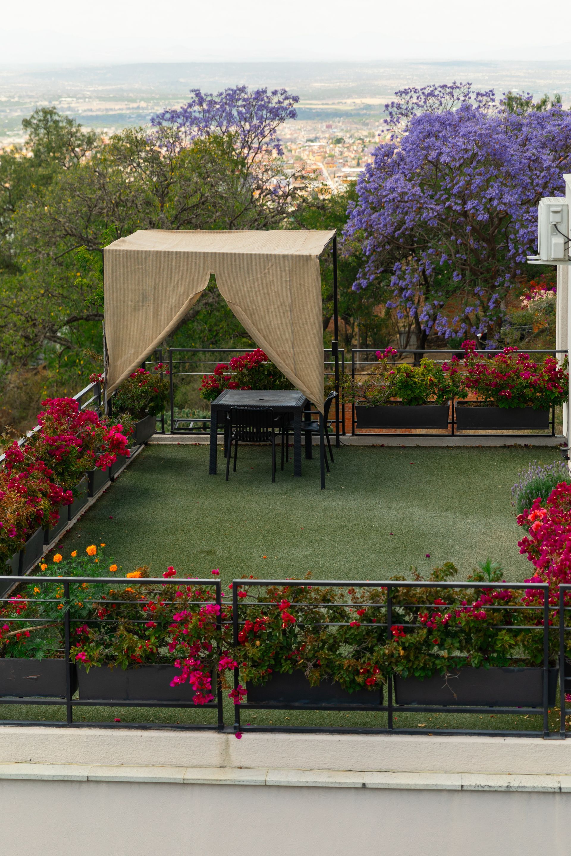 Patio en la azotea con césped verde, sombrillas blancas, tumbonas y jardineras de flores.