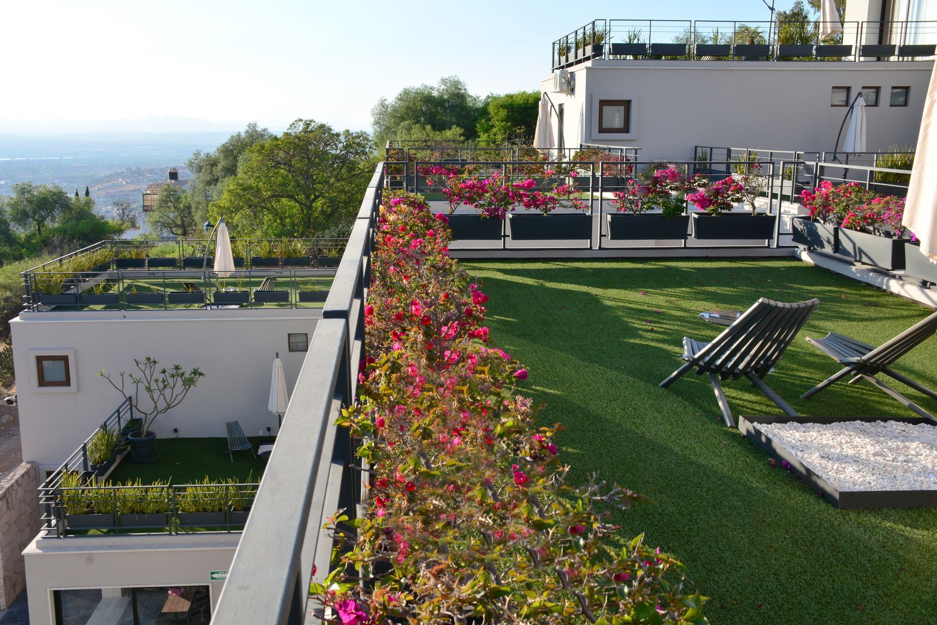Jardín en la azotea con flores rosas, césped verde, tumbonas y vistas al paisaje urbano.