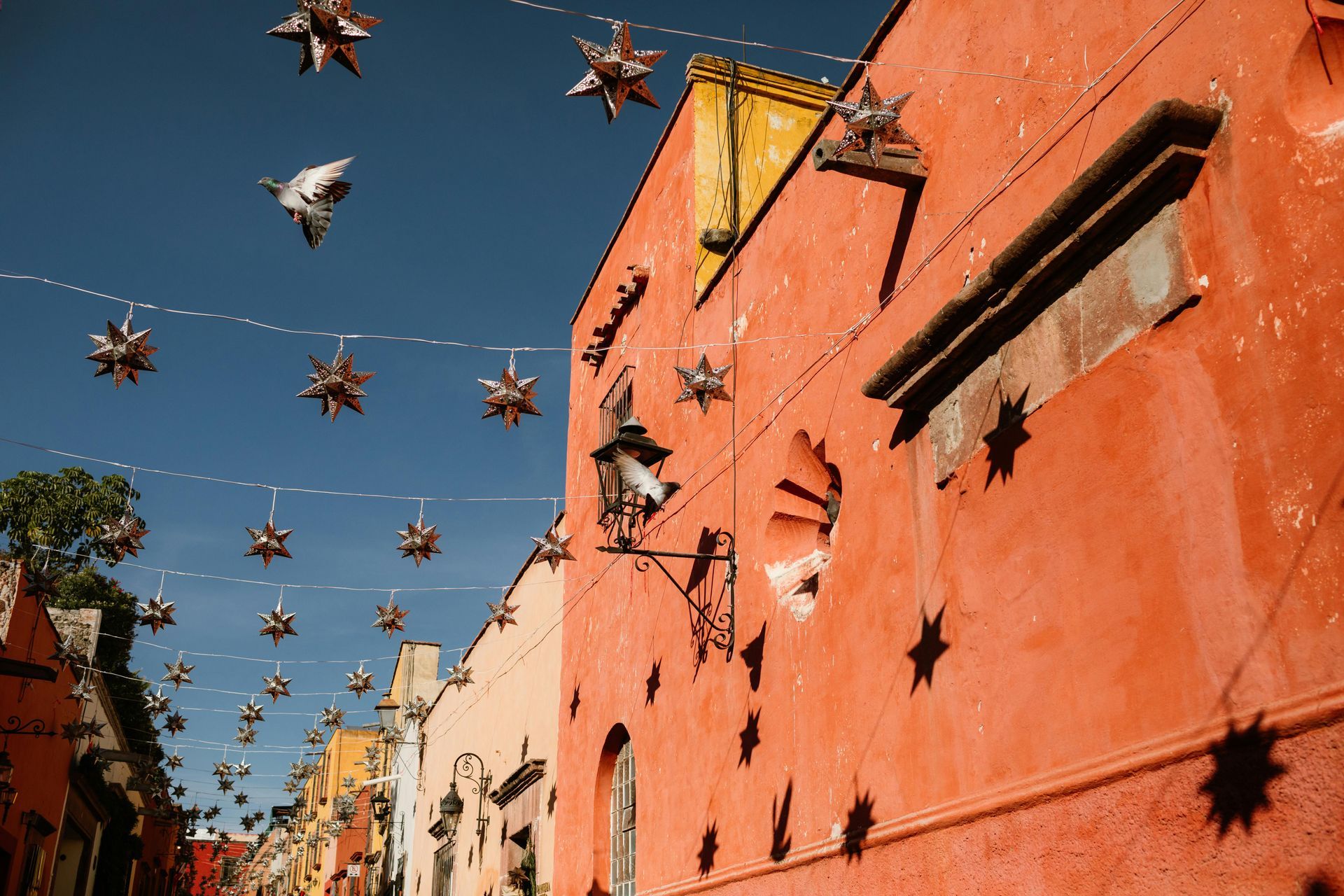 Edificios naranjas con decoraciones de estrellas bordean una calle bajo un cielo azul, con palomas en vuelo.