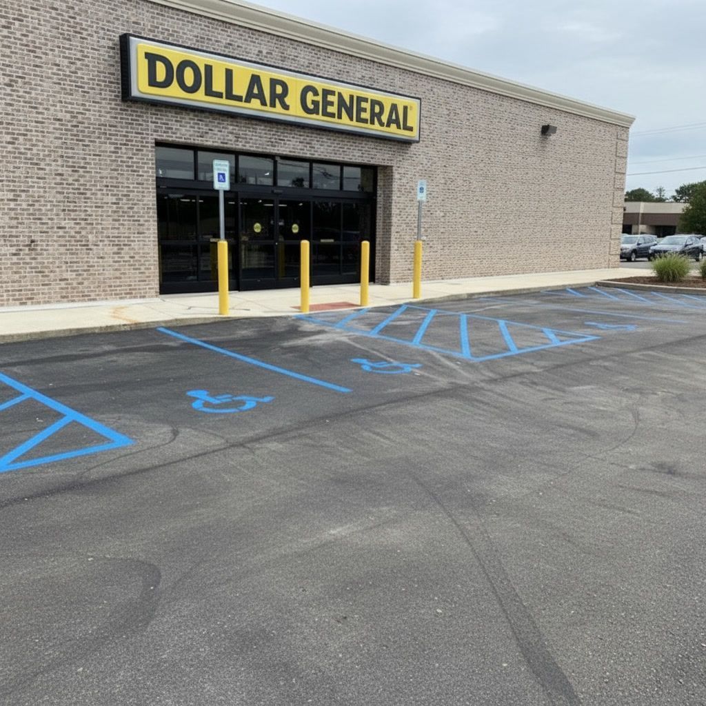Parking lot striping at Dollar General in New Orleans with ADA handicap spaces and fresh blue pavement markings