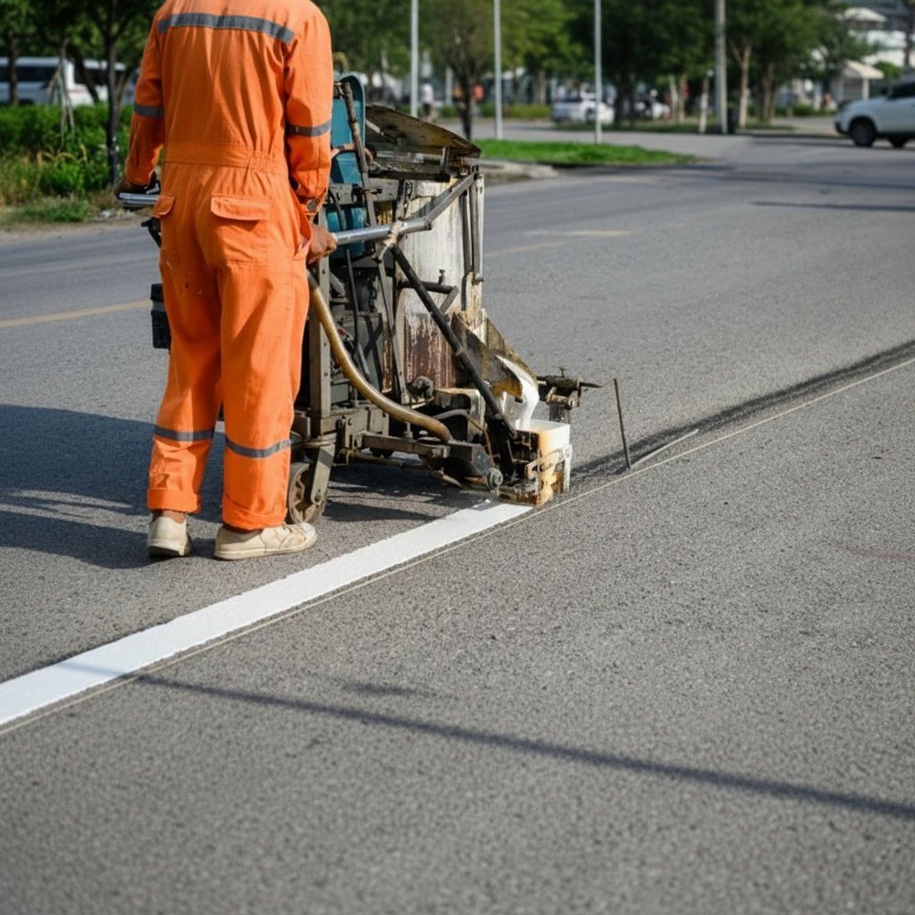 Worker applying thermoplastic striping in New Orleans using machine for durable road and parking lot markings